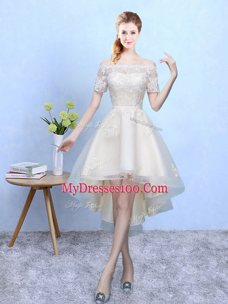 Glittering Appliques Quinceanera Court of Honor Dress White Lace Up Sleeveless High Low