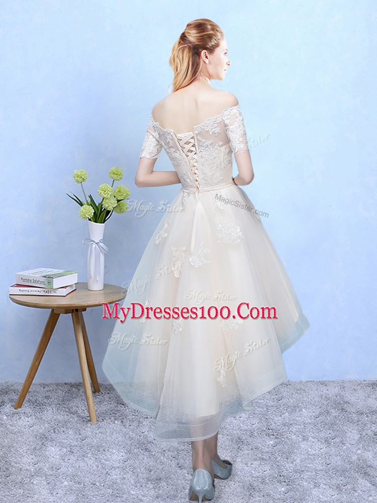 Glittering Appliques Quinceanera Court of Honor Dress White Lace Up Sleeveless High Low