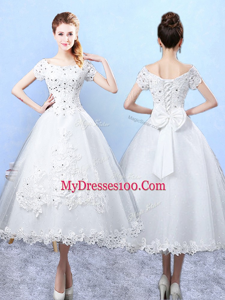 Ankle Length A-line Short Sleeves White Dama Dress Lace Up