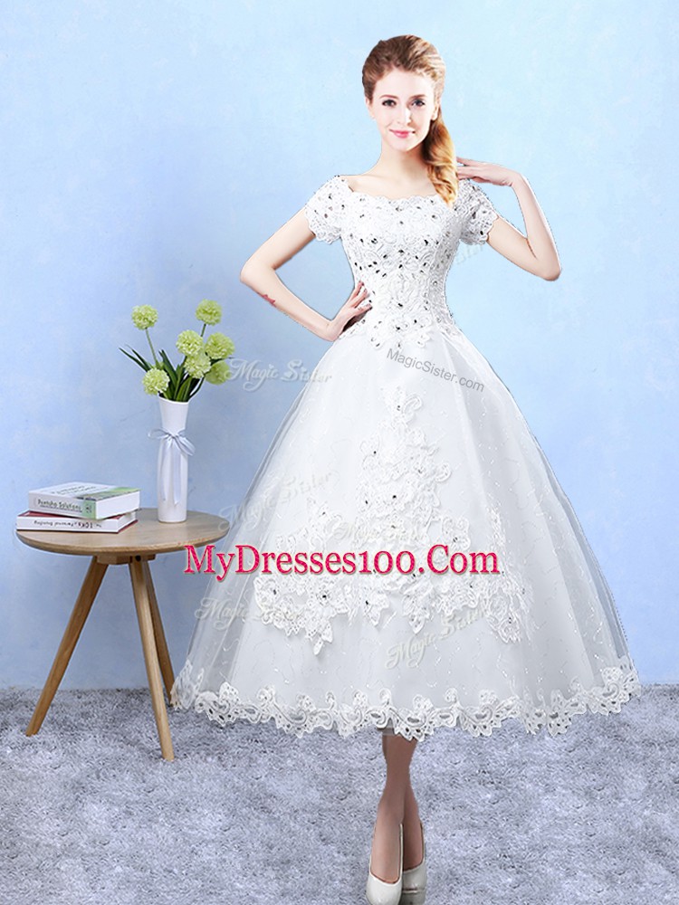 Ankle Length A-line Short Sleeves White Dama Dress Lace Up