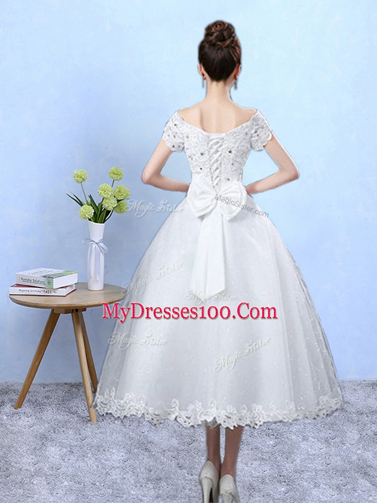 Ankle Length A-line Short Sleeves White Dama Dress Lace Up