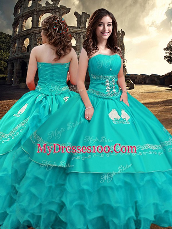 Turquoise Sleeveless Embroidery and Ruffled Layers Floor Length Quinceanera Dresses