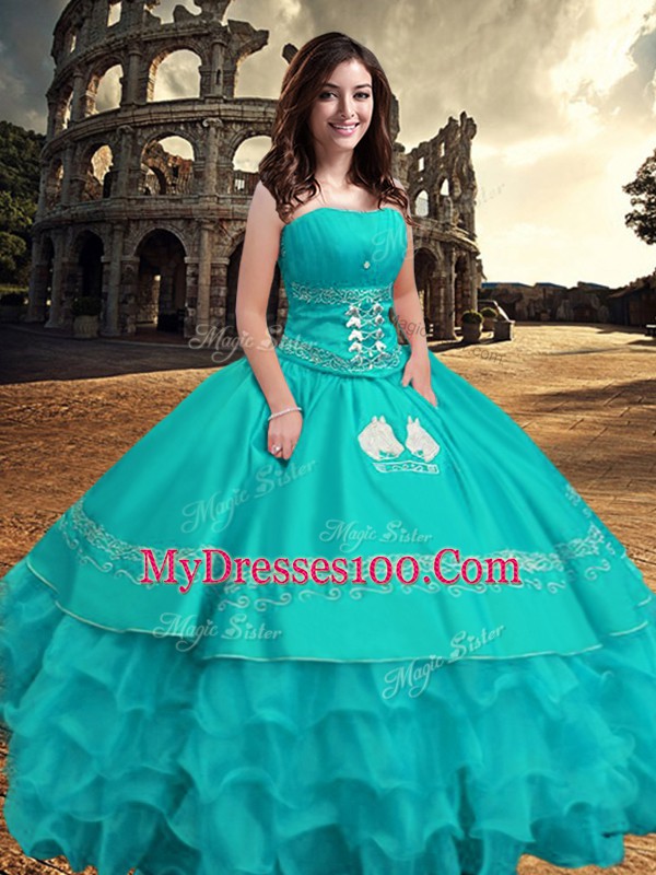 Turquoise Sleeveless Embroidery and Ruffled Layers Floor Length Quinceanera Dresses