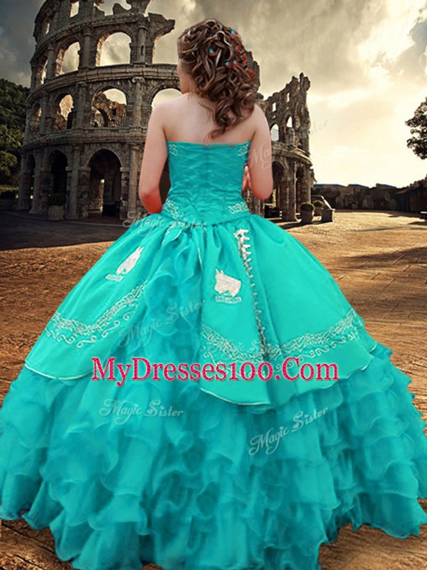 Turquoise Sleeveless Embroidery and Ruffled Layers Floor Length Quinceanera Dresses
