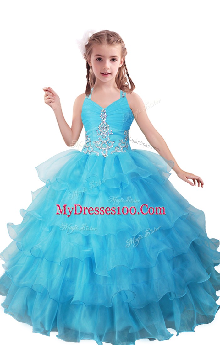 Baby Blue Zipper V-neck Beading and Ruffled Layers Child Pageant Dress Organza Sleeveless