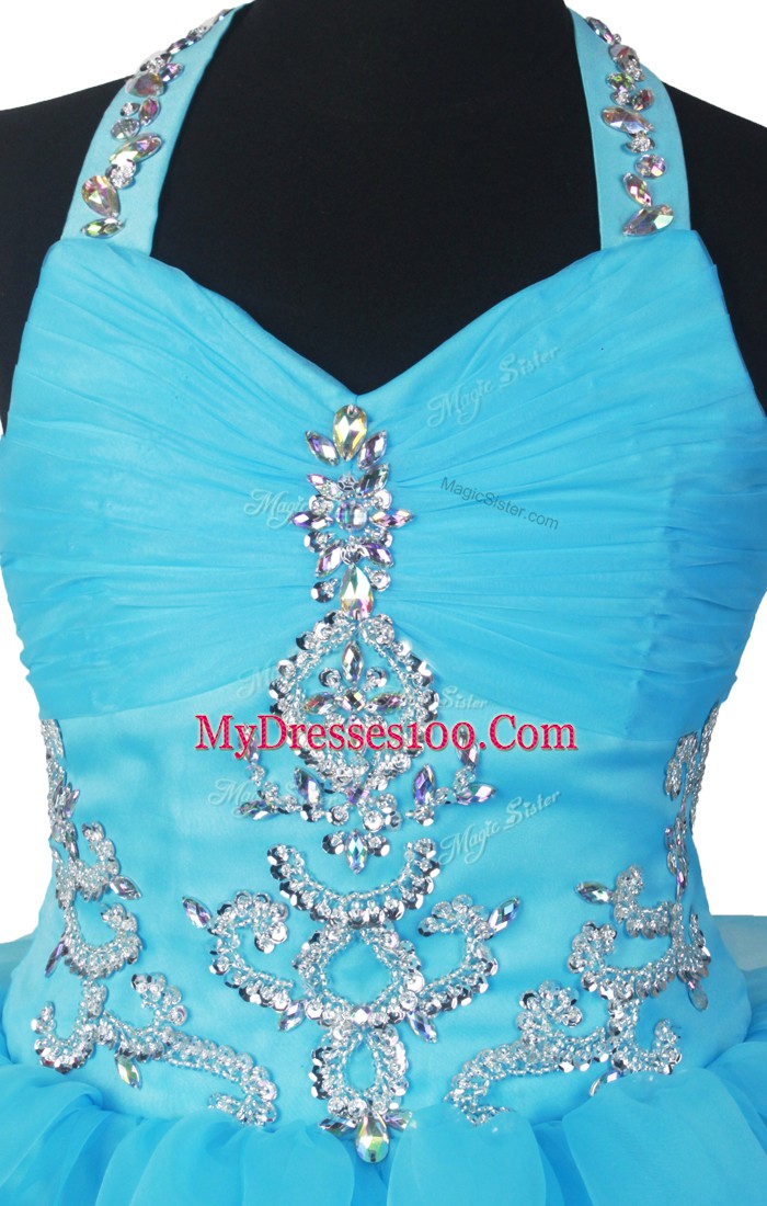 Baby Blue Zipper V-neck Beading and Ruffled Layers Child Pageant Dress Organza Sleeveless