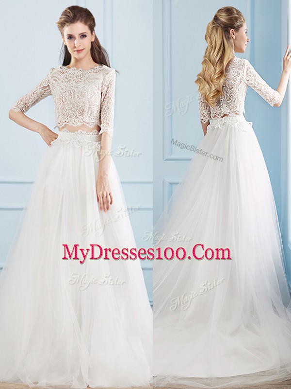 Great Half Sleeves Court Train Lace Zipper Bridal Gown