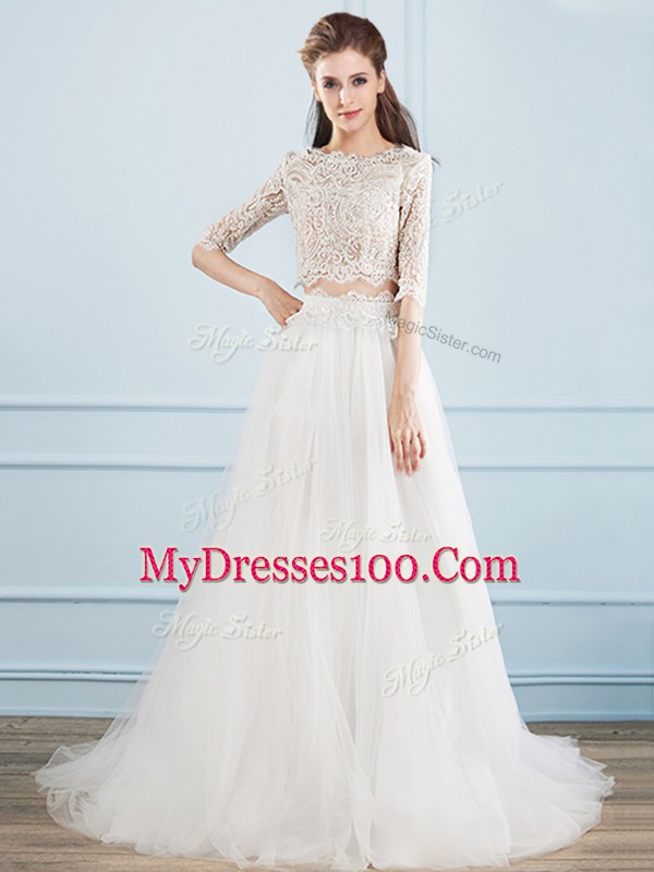 Great Half Sleeves Court Train Lace Zipper Bridal Gown
