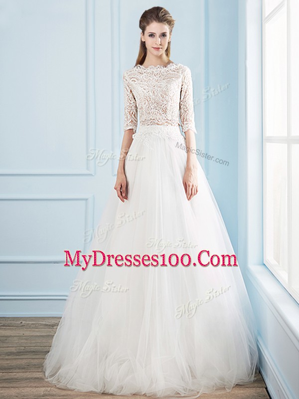 Great Half Sleeves Court Train Lace Zipper Bridal Gown