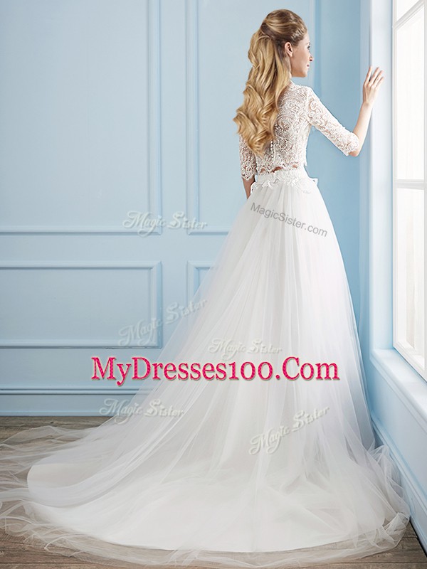 Great Half Sleeves Court Train Lace Zipper Bridal Gown