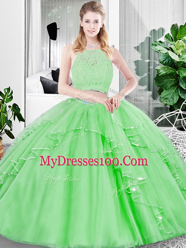 Dazzling Tulle Zipper Quince Ball Gowns Sleeveless Floor Length Lace and Ruffled Layers
