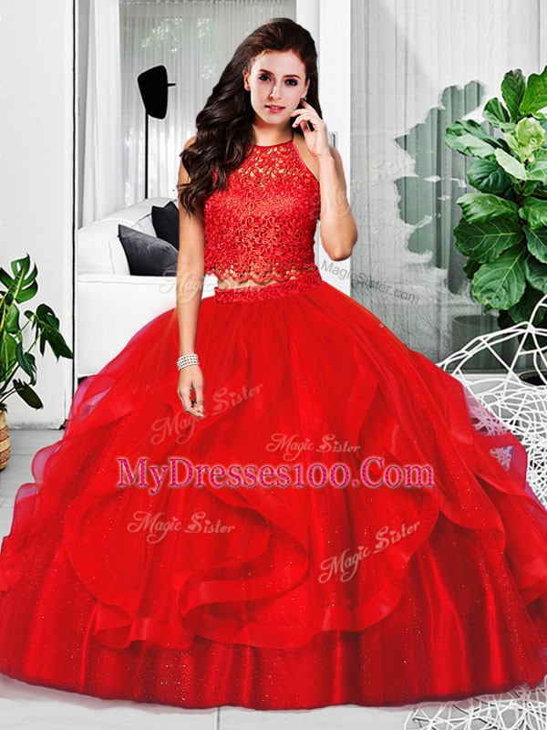 Exceptional Red Zipper Halter Top Lace and Ruffles Quinceanera Dress Tulle Sleeveless