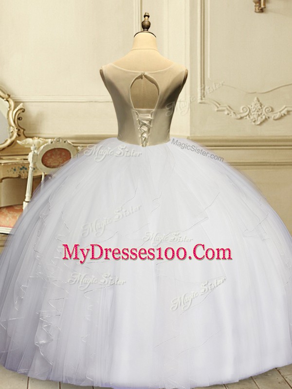 Vintage White Sleeveless Floor Length Appliques and Ruffles Lace Up Quinceanera Gowns