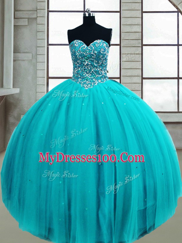 Custom Made Tulle Sweetheart Sleeveless Lace Up Beading Quinceanera Dresses in Aqua Blue
