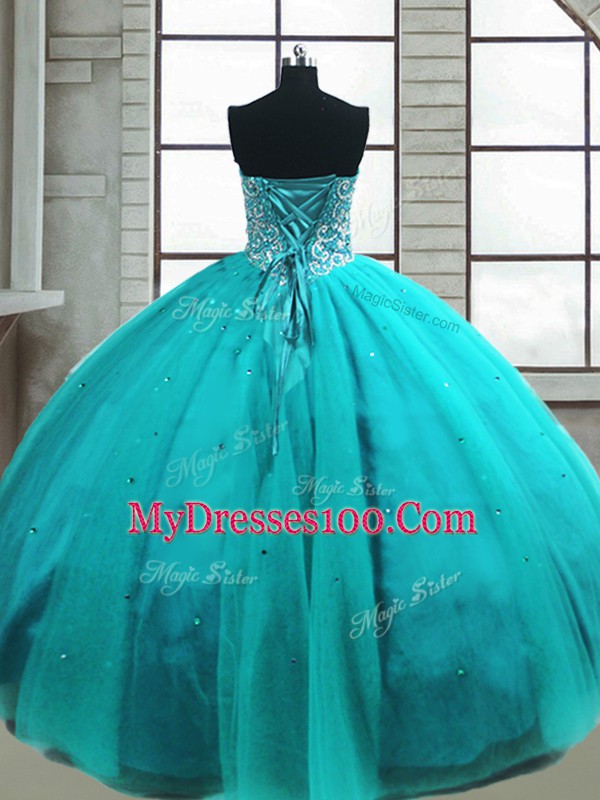 Custom Made Tulle Sweetheart Sleeveless Lace Up Beading Quinceanera Dresses in Aqua Blue