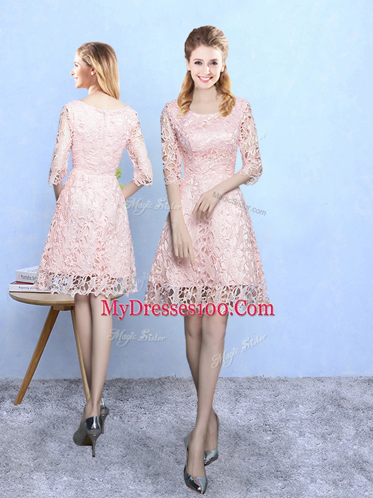Scoop Half Sleeves Zipper Quinceanera Dama Dress Baby Pink Lace