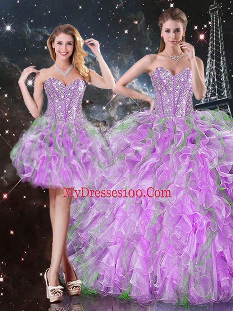 Admirable Lilac Quinceanera Dresses Military Ball and Sweet 16 and Quinceanera with Beading and Ruffles Sweetheart Sleeveless Lace Up