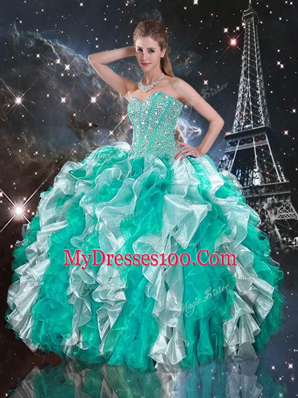 Flare Beading and Ruffles Sweet 16 Dresses Multi-color Lace Up Sleeveless Floor Length