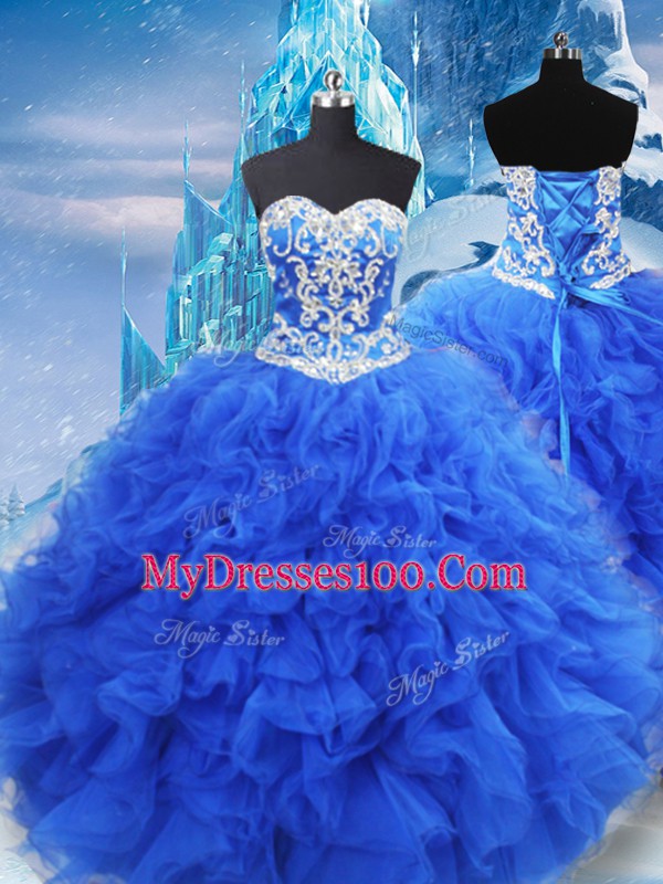 Blue Sleeveless Beading and Ruffles Floor Length Sweet 16 Dresses