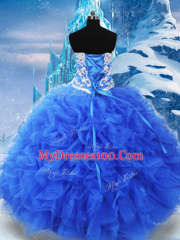 Blue Sleeveless Beading and Ruffles Floor Length Sweet 16 Dresses