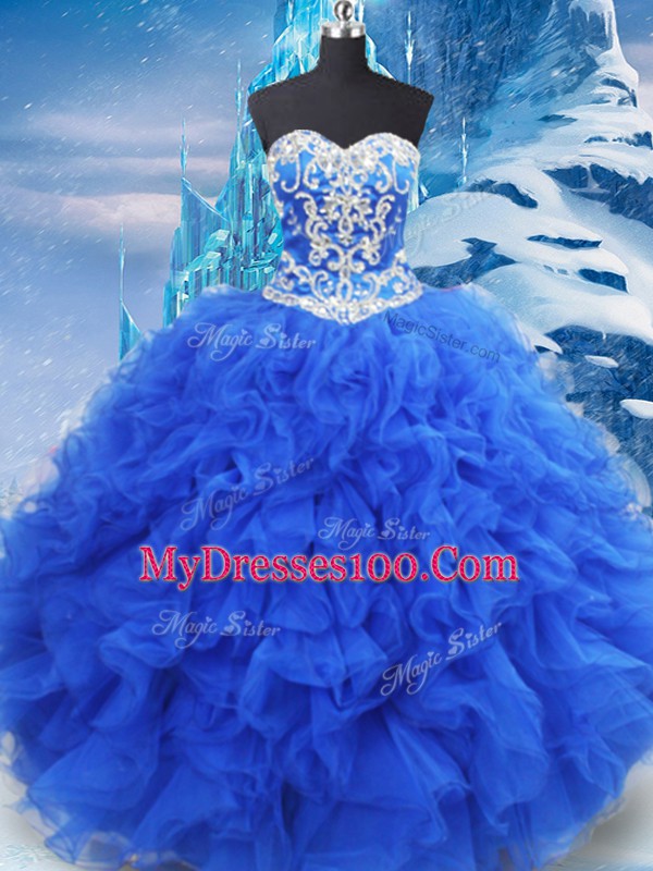 Blue Sleeveless Beading and Ruffles Floor Length Sweet 16 Dresses