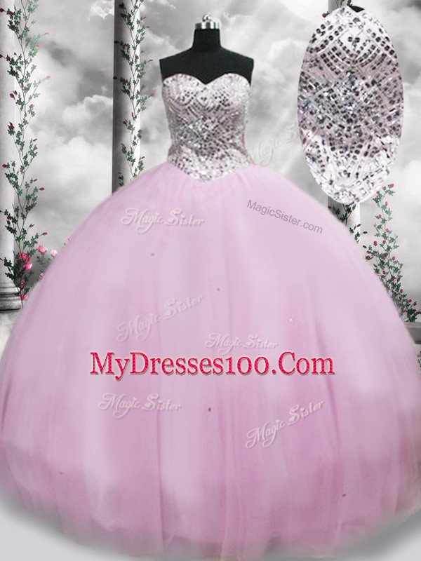 Lilac Ball Gowns Beading Ball Gown Prom Dress Lace Up Tulle Sleeveless