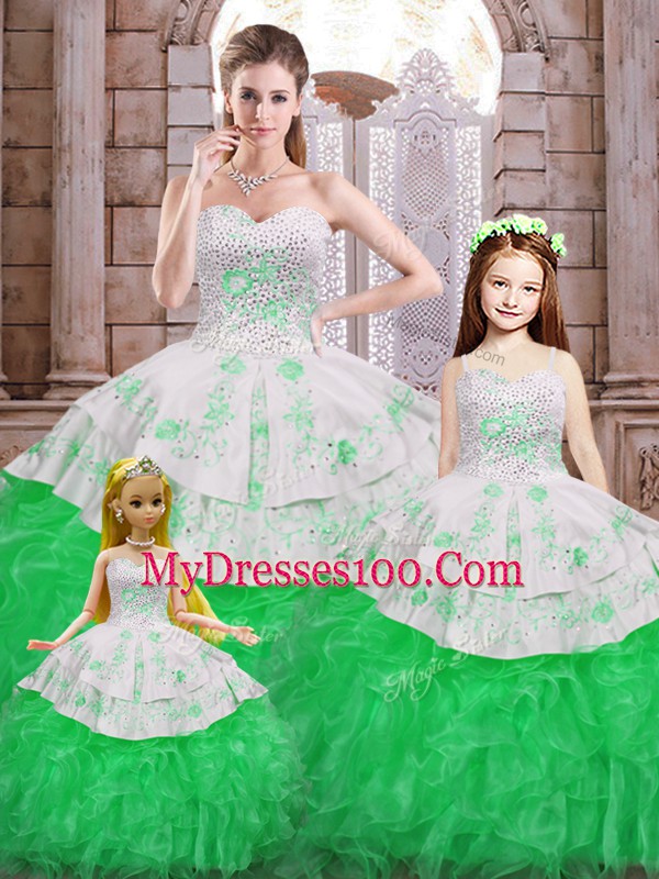 Hot Selling Sleeveless Organza Floor Length Lace Up Sweet 16 Dress in Green with Beading and Appliques and Ruffles