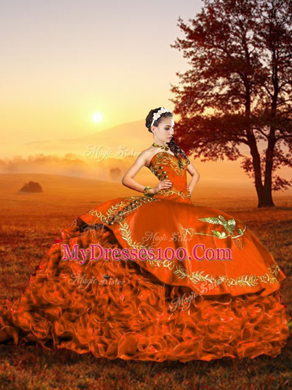 Fitting Brush Train Ball Gowns 15th Birthday Dress Rust Red Sweetheart Organza Sleeveless Lace Up