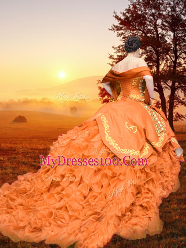 Fitting Brush Train Ball Gowns 15th Birthday Dress Rust Red Sweetheart Organza Sleeveless Lace Up