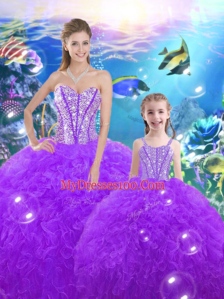 Dramatic Purple Sweetheart Neckline Beading and Ruffles Sweet 16 Quinceanera Dress Sleeveless Lace Up