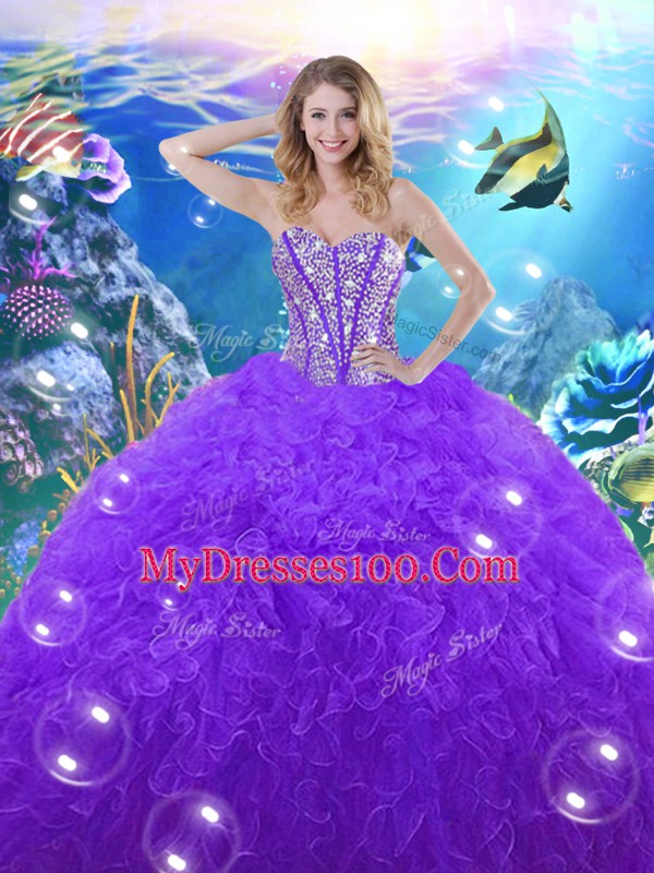 Dramatic Purple Sweetheart Neckline Beading and Ruffles Sweet 16 Quinceanera Dress Sleeveless Lace Up