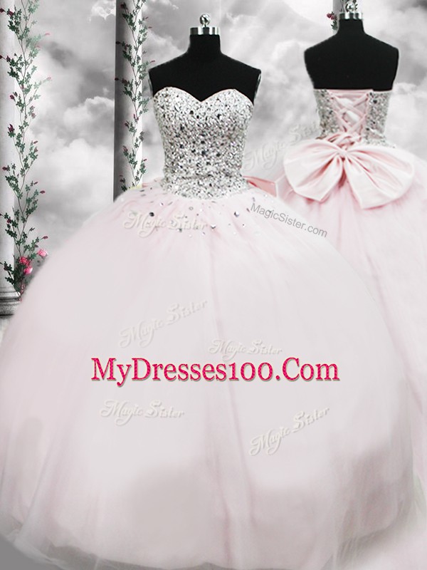 Fantastic Pink Ball Gowns Tulle Sweetheart Sleeveless Beading and Bowknot Lace Up Quinceanera Dresses Brush Train