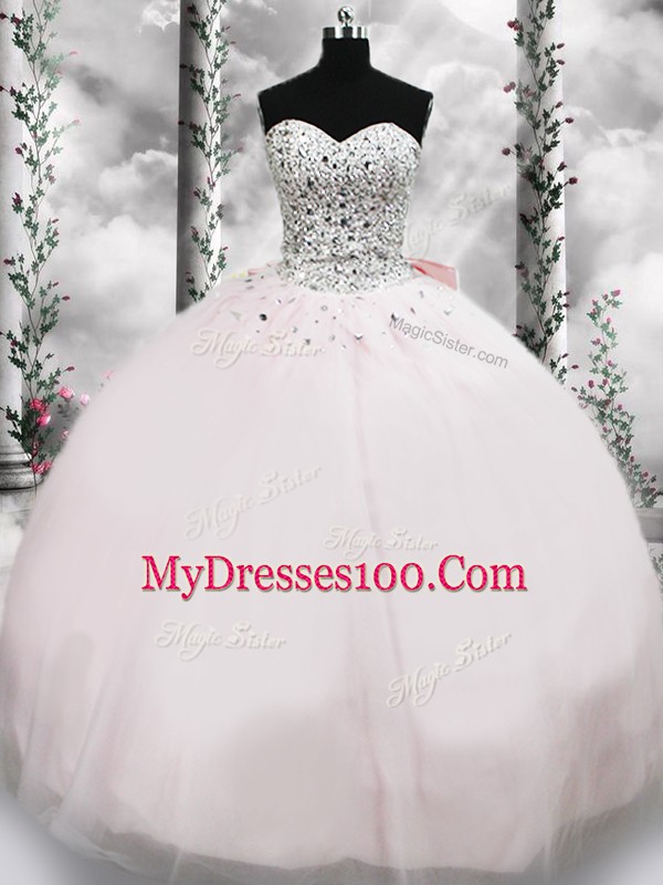 Fantastic Pink Ball Gowns Tulle Sweetheart Sleeveless Beading and Bowknot Lace Up Quinceanera Dresses Brush Train