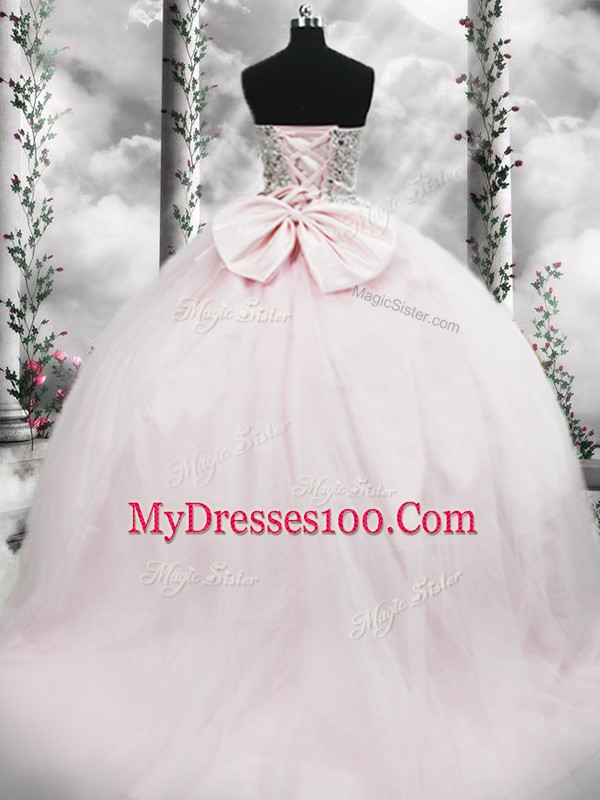 Fantastic Pink Ball Gowns Tulle Sweetheart Sleeveless Beading and Bowknot Lace Up Quinceanera Dresses Brush Train