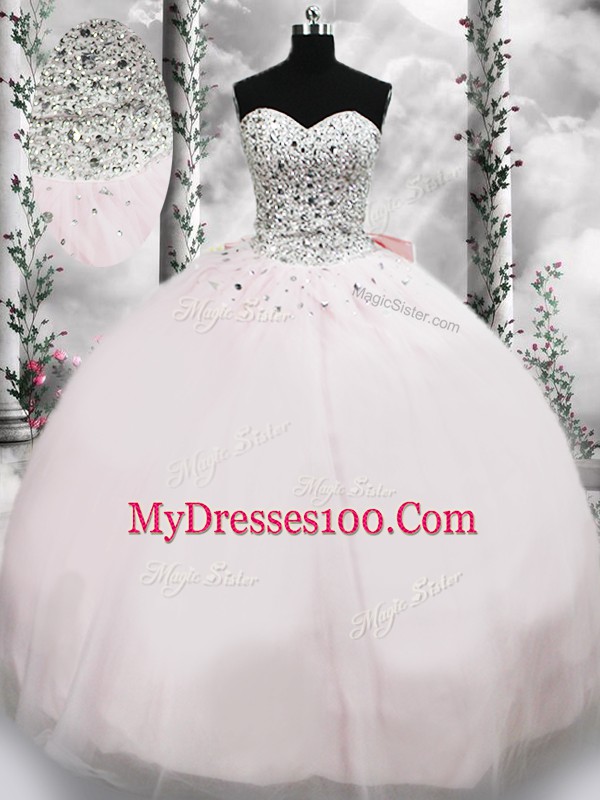 Fantastic Pink Ball Gowns Tulle Sweetheart Sleeveless Beading and Bowknot Lace Up Quinceanera Dresses Brush Train