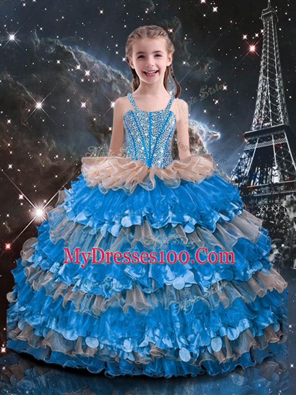 Straps Sleeveless Little Girls Pageant Dress Floor Length Beading and Ruffled Layers Baby Blue Organza