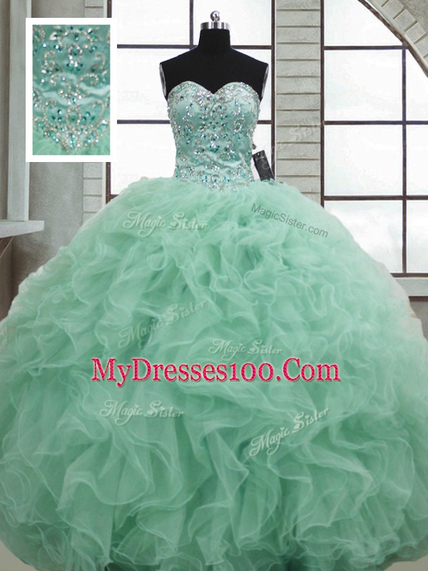 Custom Made Sleeveless Floor Length Beading and Ruffles Lace Up Quinceanera Gown with Apple Green