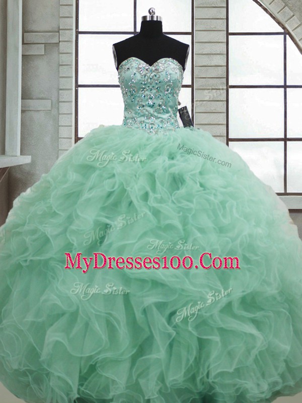 Custom Made Sleeveless Floor Length Beading and Ruffles Lace Up Quinceanera Gown with Apple Green