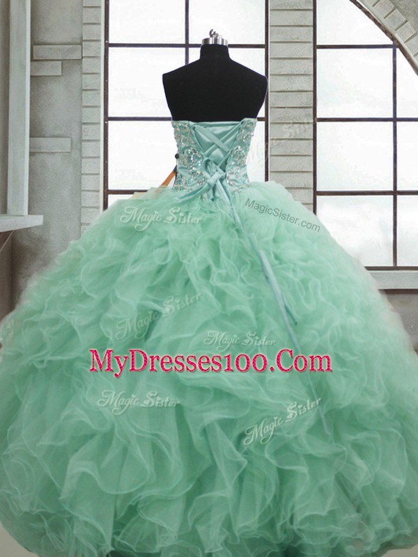 Custom Made Sleeveless Floor Length Beading and Ruffles Lace Up Quinceanera Gown with Apple Green