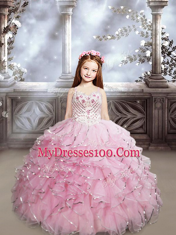 Baby Pink Little Girl Pageant Gowns Organza Brush Train Sleeveless Beading and Ruffles