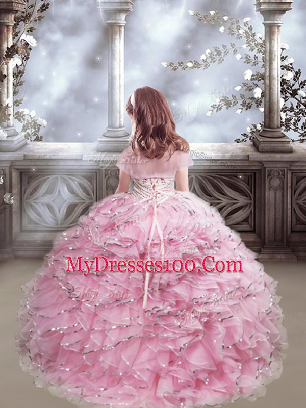 Baby Pink Little Girl Pageant Gowns Organza Brush Train Sleeveless Beading and Ruffles