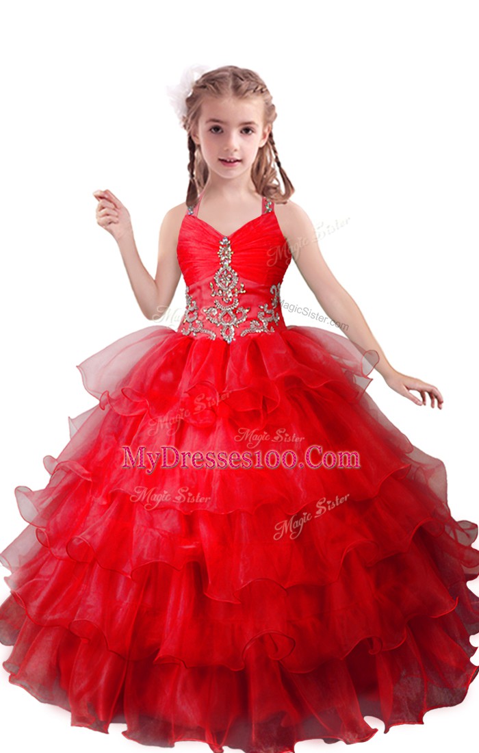 Sleeveless Zipper Floor Length Beading and Ruffled Layers Kids Formal Wear