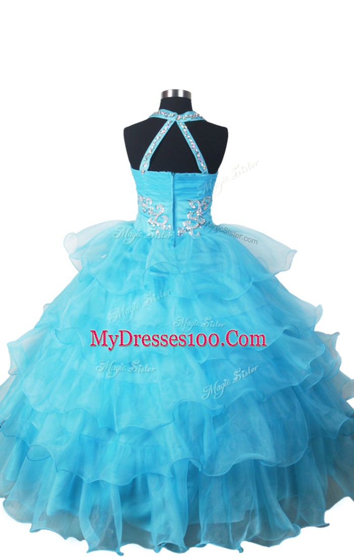Sleeveless Zipper Floor Length Beading and Ruffled Layers Kids Formal Wear