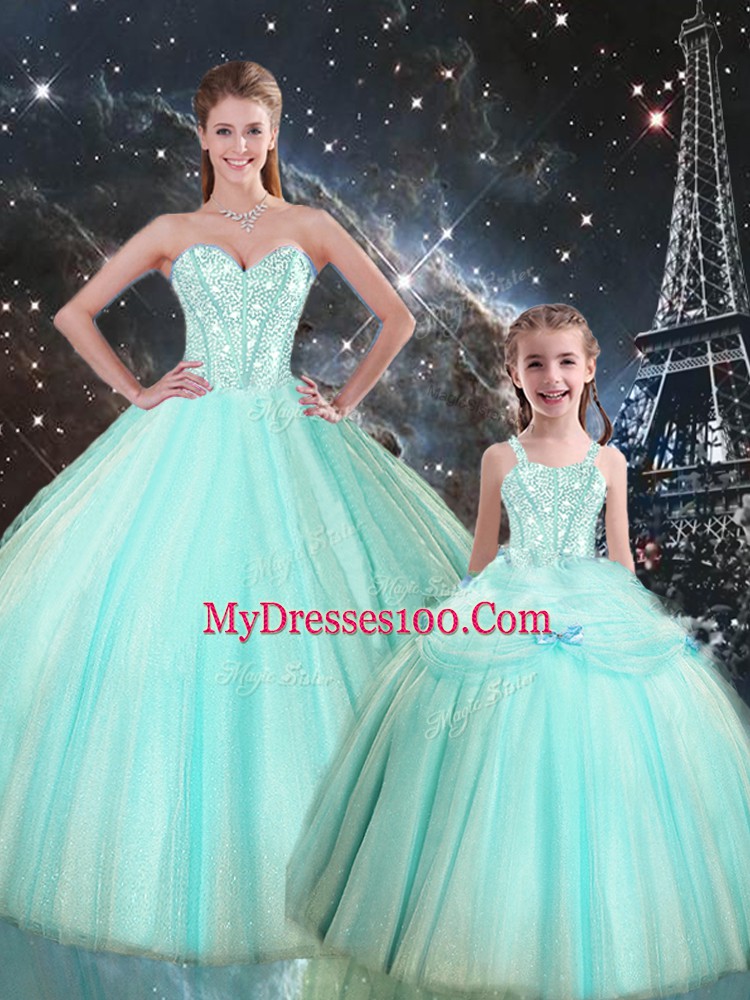 Sweetheart Sleeveless Lace Up Quinceanera Dresses Turquoise Tulle