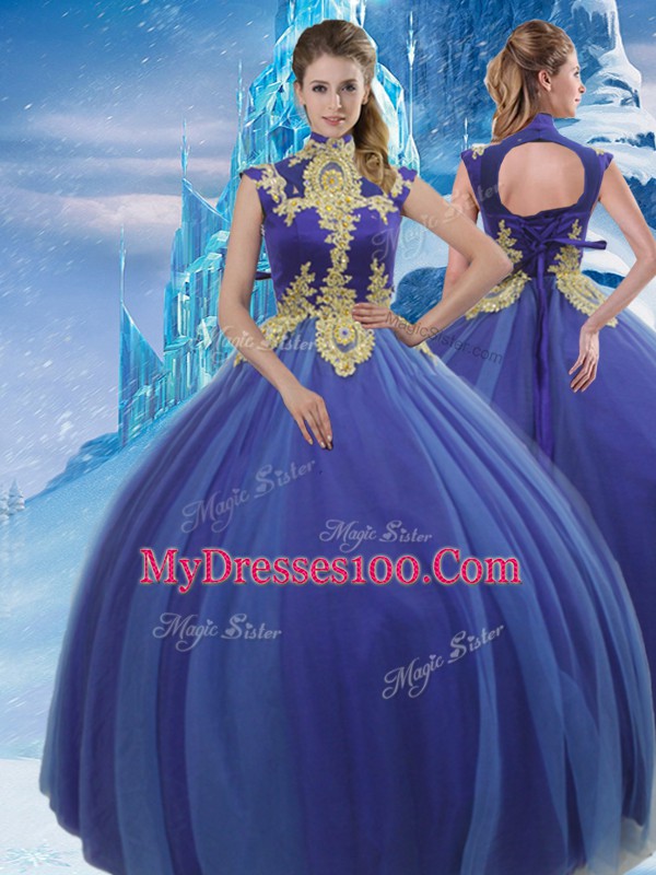 High-neck Sleeveless Sweet 16 Dresses Floor Length Appliques Royal Blue Tulle