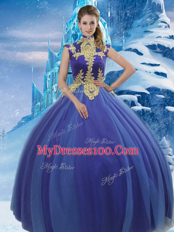 High-neck Sleeveless Sweet 16 Dresses Floor Length Appliques Royal Blue Tulle