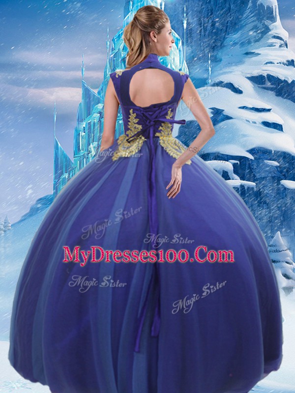 High-neck Sleeveless Sweet 16 Dresses Floor Length Appliques Royal Blue Tulle