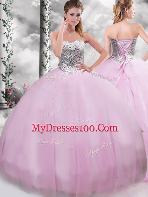 Ideal Lilac Quinceanera Dresses Sweetheart Sleeveless Brush Train Lace Up