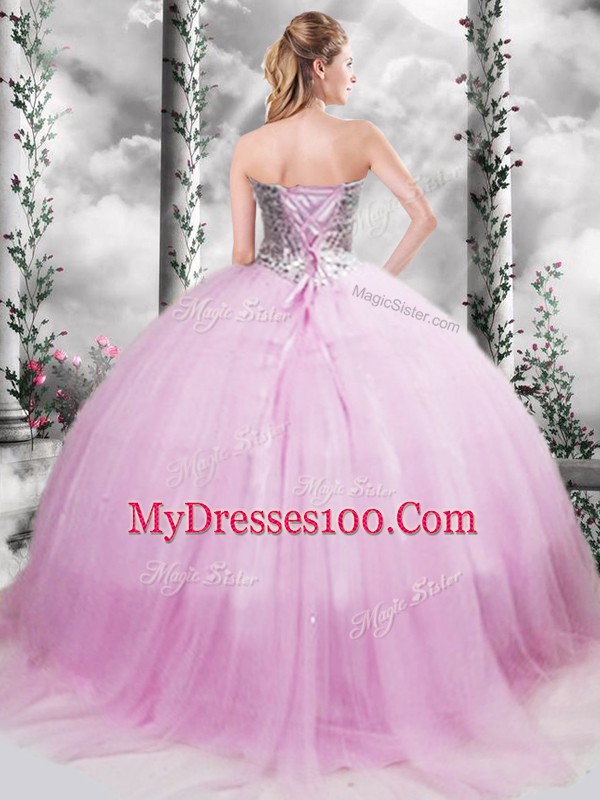 Ideal Lilac Quinceanera Dresses Sweetheart Sleeveless Brush Train Lace Up