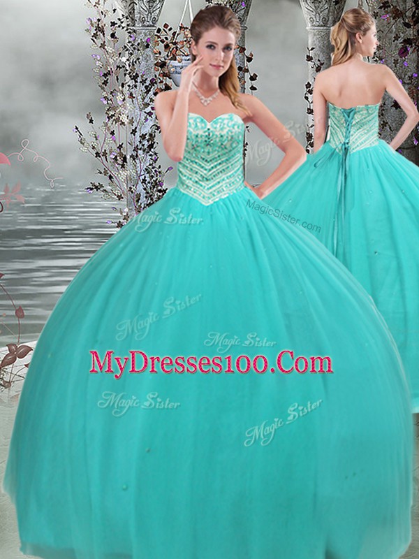 Super Sweetheart Sleeveless Tulle Ball Gown Prom Dress Beading Lace Up